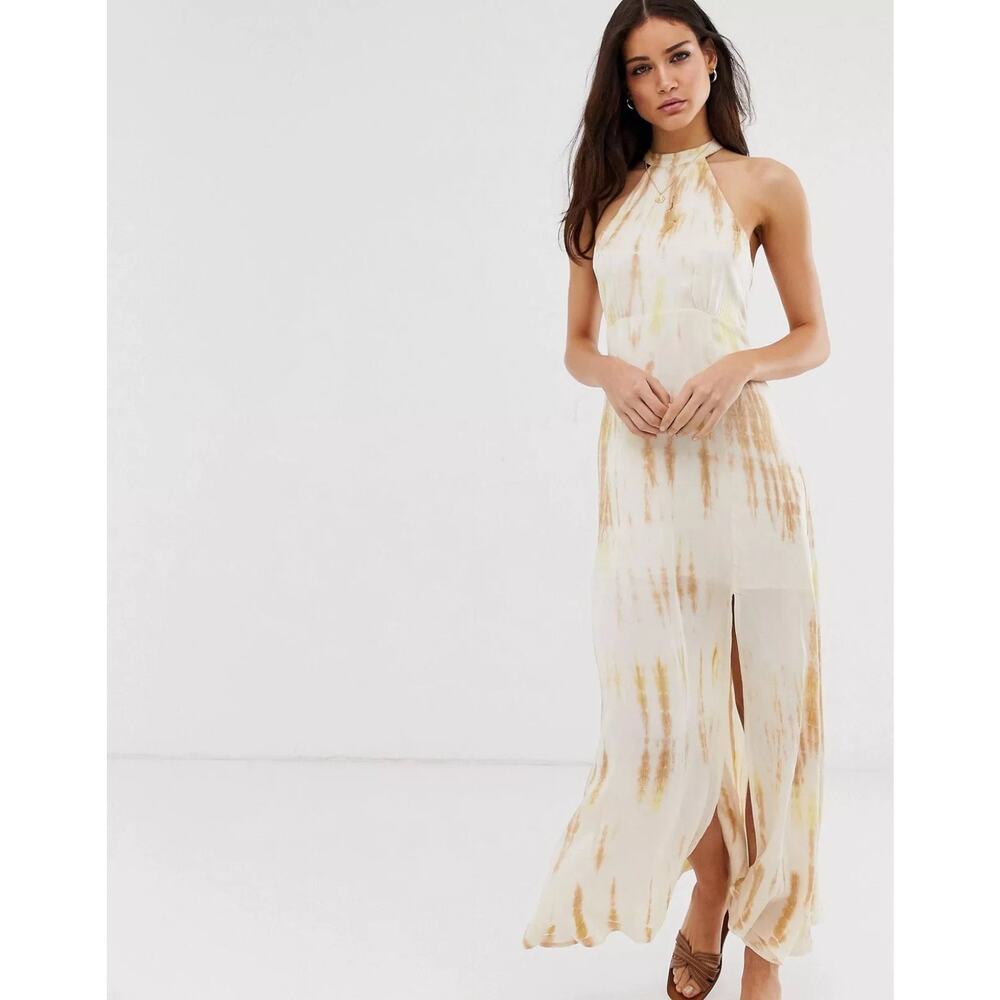 Stradivarius Halter Front Slit Maxi Dress Silky Satin Lined Size Large NEW w Tag